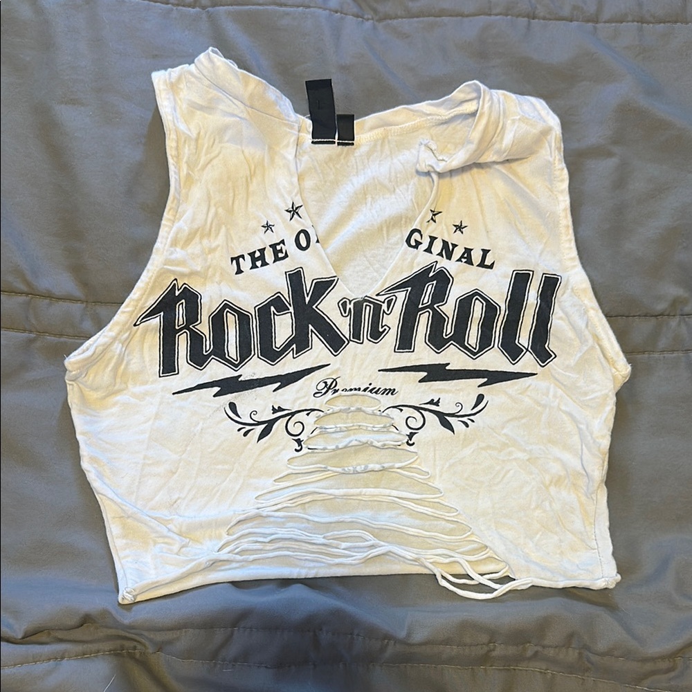 Cream and Black Graphic Muscle Tee Crop